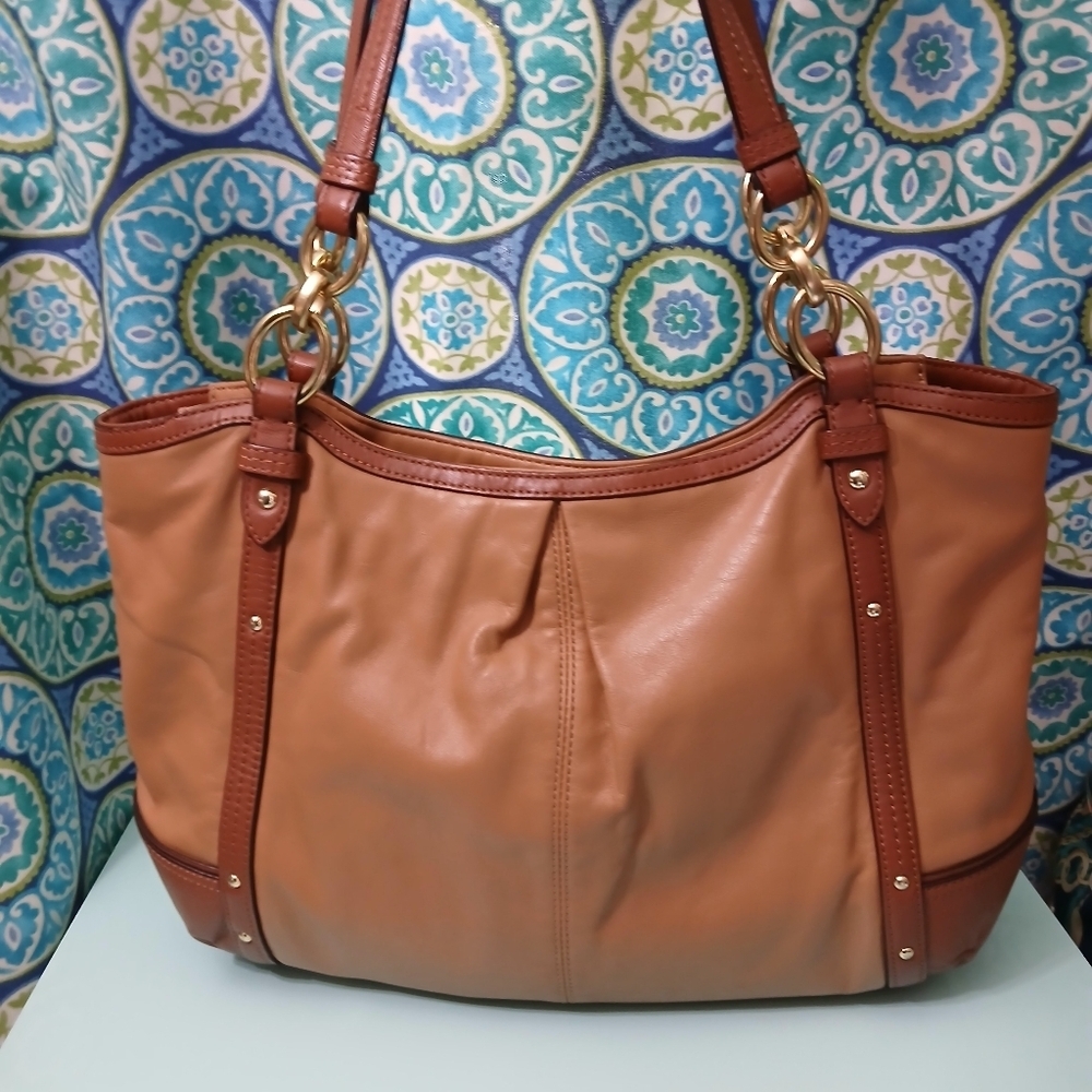 Coach Alexandra Leather Shoulder Bag Tan Gold Chain Hobo Purse Classic Medium